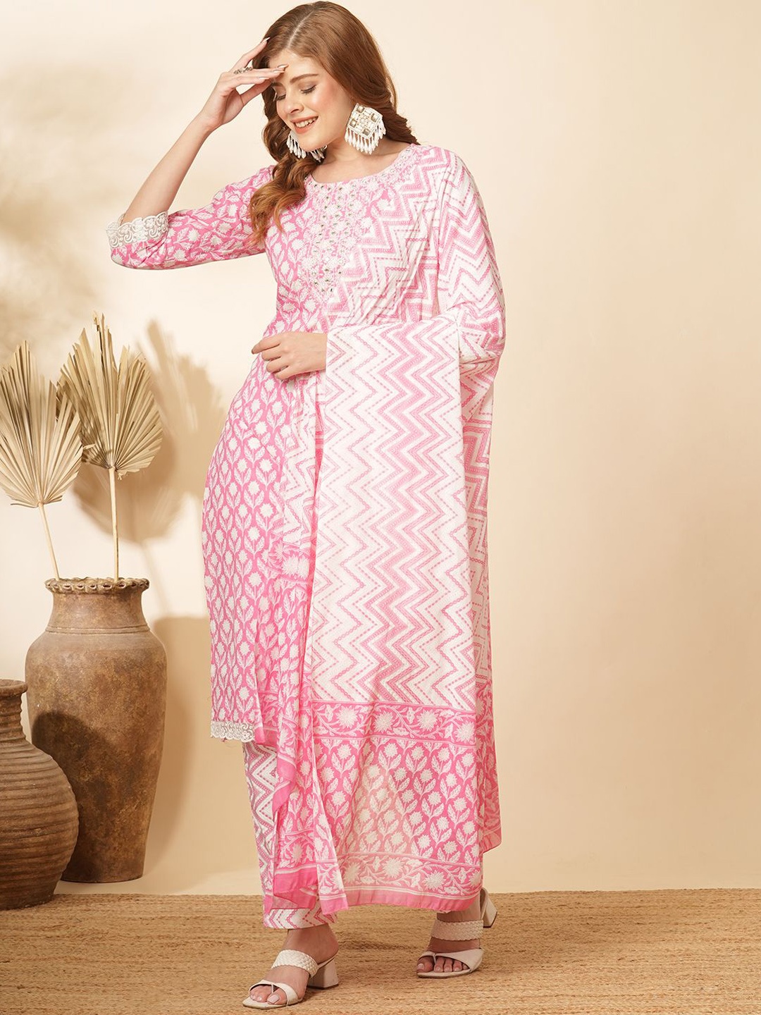 

FASHOR Printed Mirror Work Pure Cotton Kurta with Trousers & Dupatta, Pink