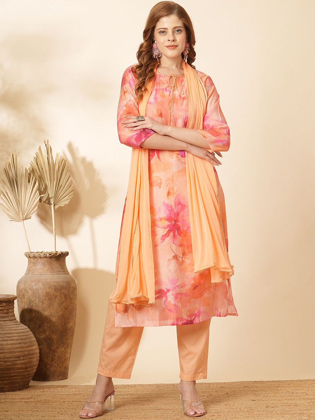 

FASHOR Floral Printed Tie-Up Neck Kurta with Trousers & Dupatta, Peach