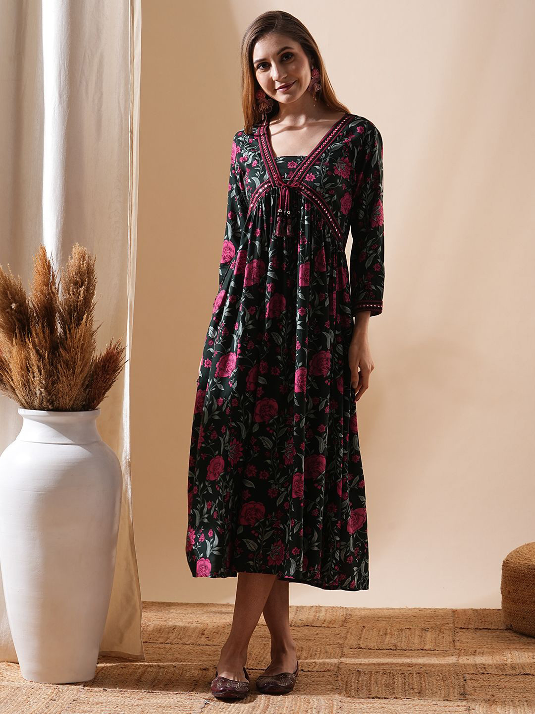 

FASHOR Women Floral Print Empire Midi Ethnic Dress, Green