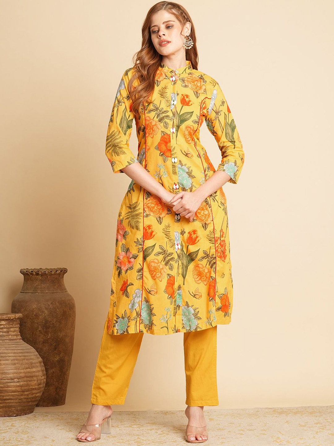 

FASHOR Floral Printed Pure Cotton Kurta with Trousers, Yellow