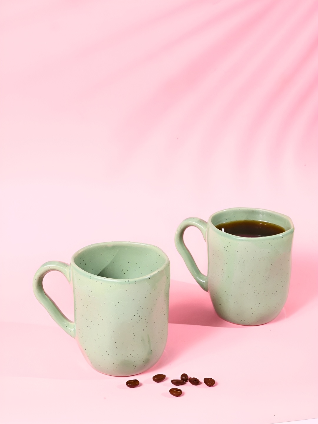 

WEAVING HOMES Green 2 Pieces Ceramic Glossy Mugs 340ml Each