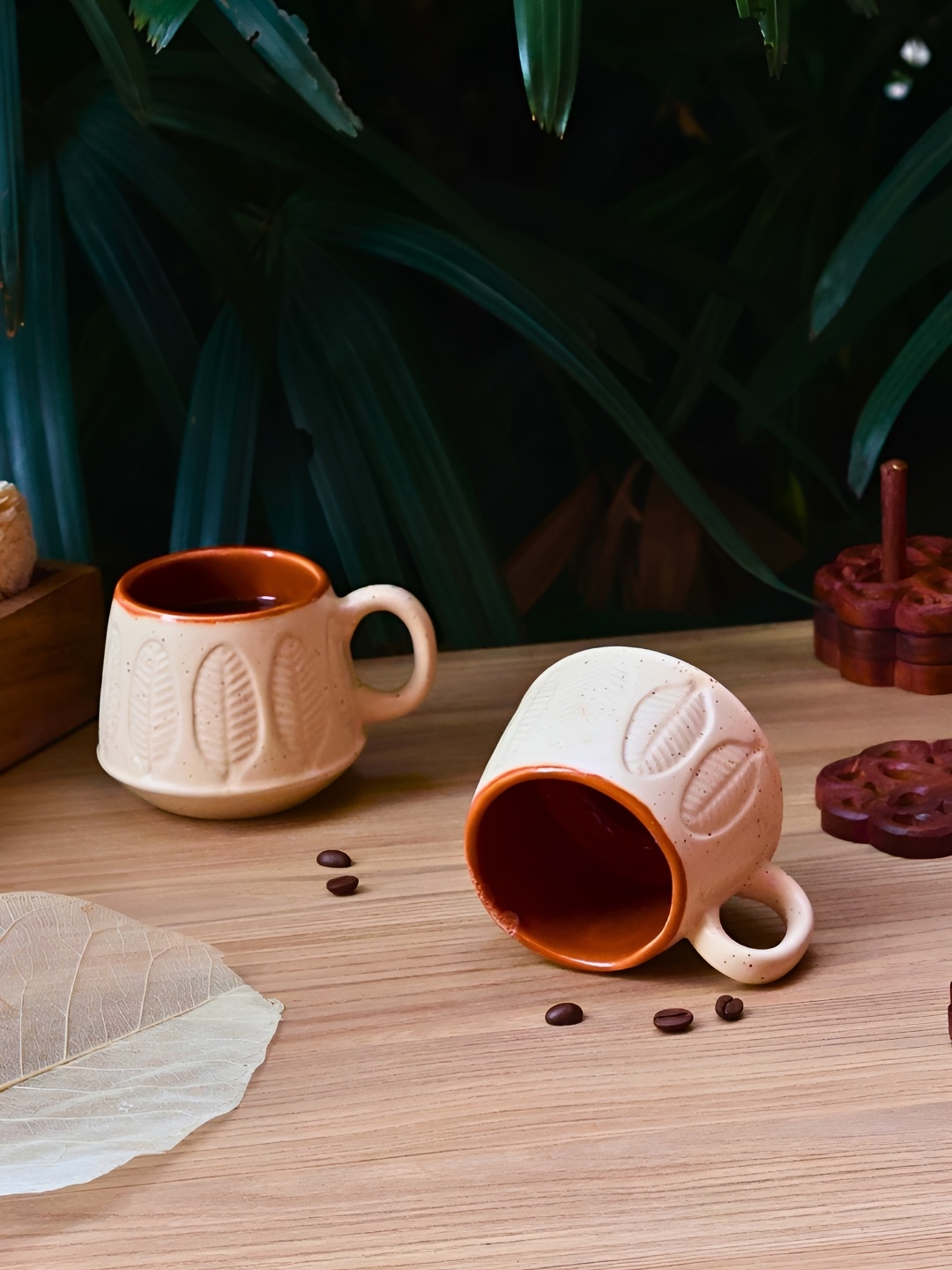 

WEAVING HOMES White & Brown 2 Pieces Textured Ceramic Glossy Mugs 200 ml Each