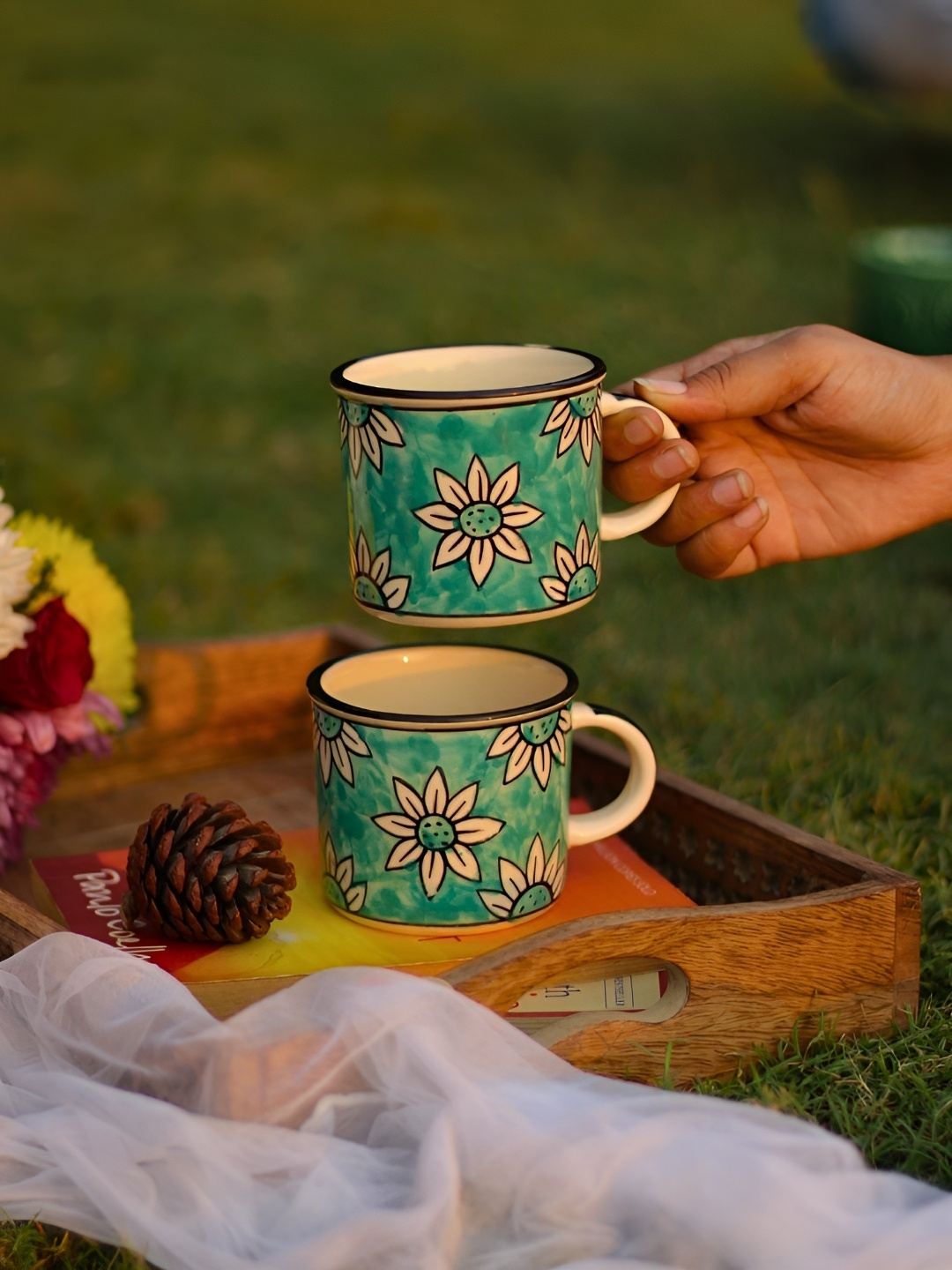 

WEAVING HOMES Teal & White 2 Pieces Printed Ceramic Glossy Mugs 230 ml Each