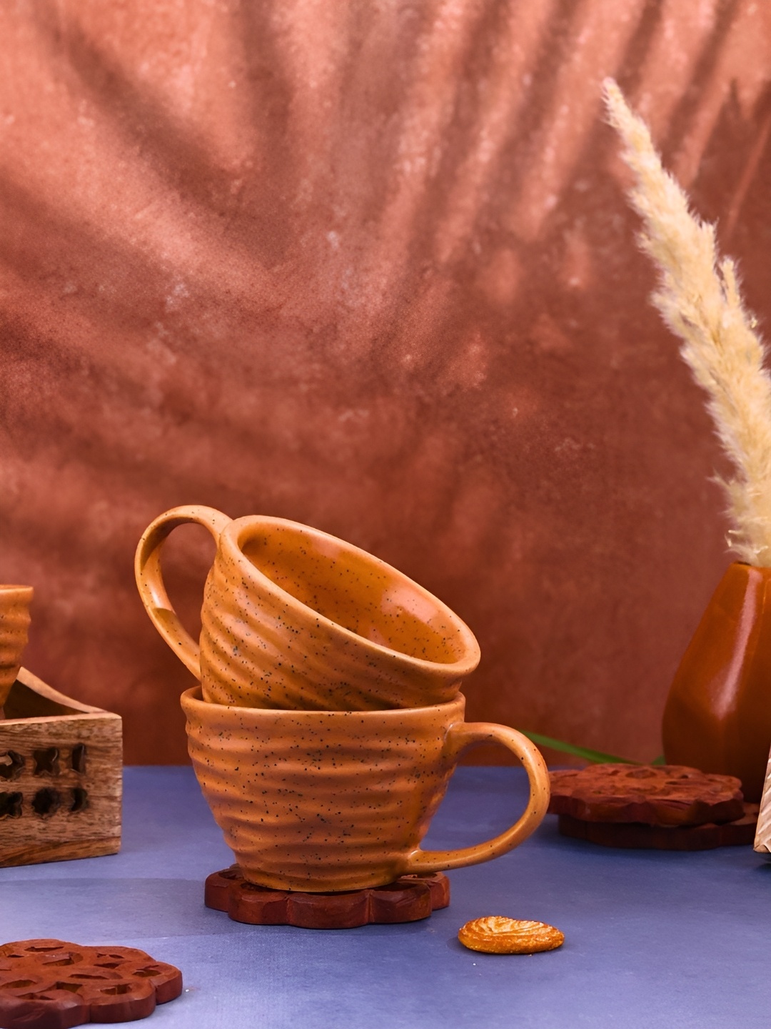 

WEAVING HOMES Mustard 2 Pieces Textured Ceramic Glossy Cups 220 ml Each
