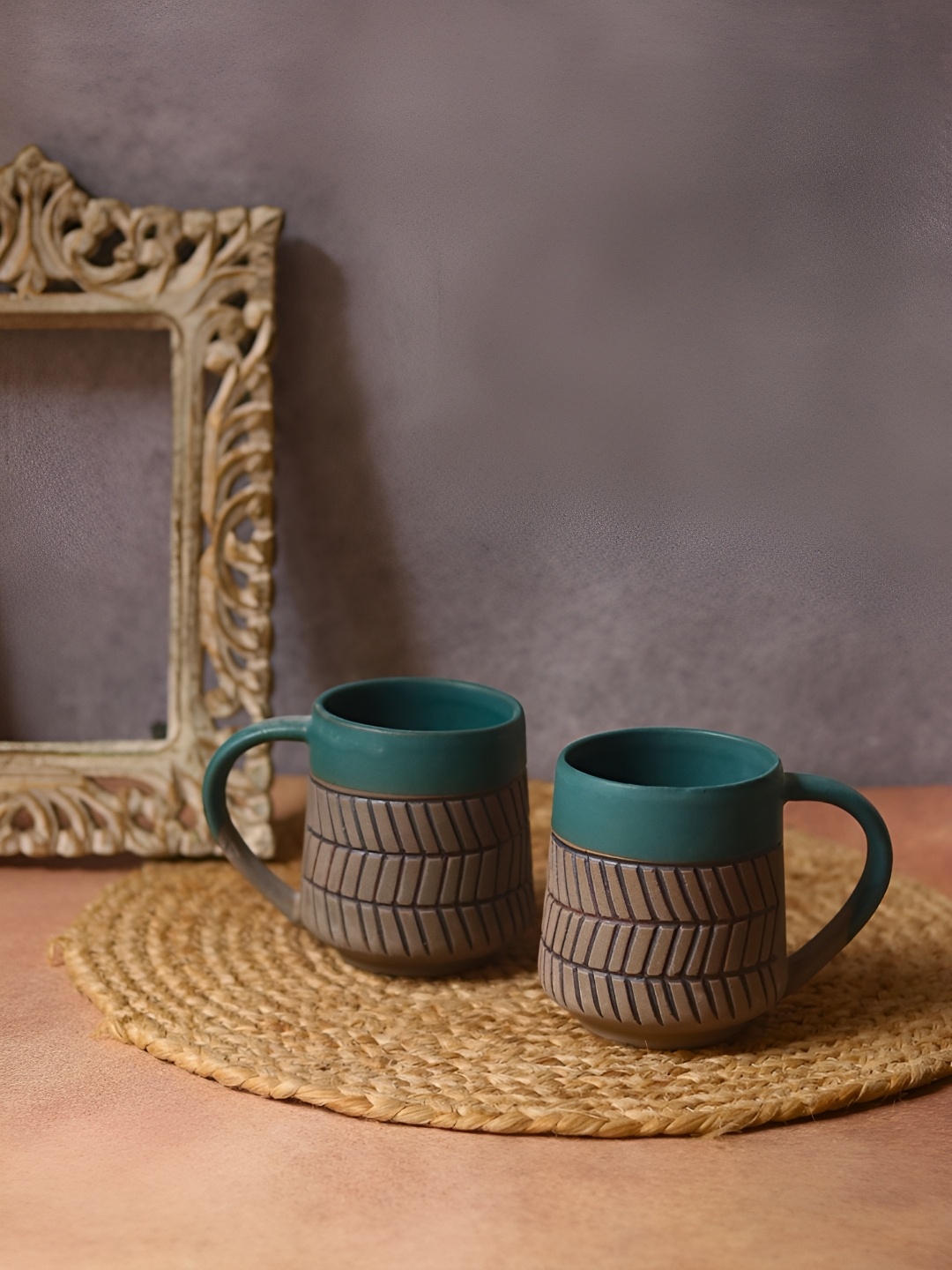 

WEAVING HOMES Teal Green & Brown 2 Pieces Ceramic Matte Mugs 250ml