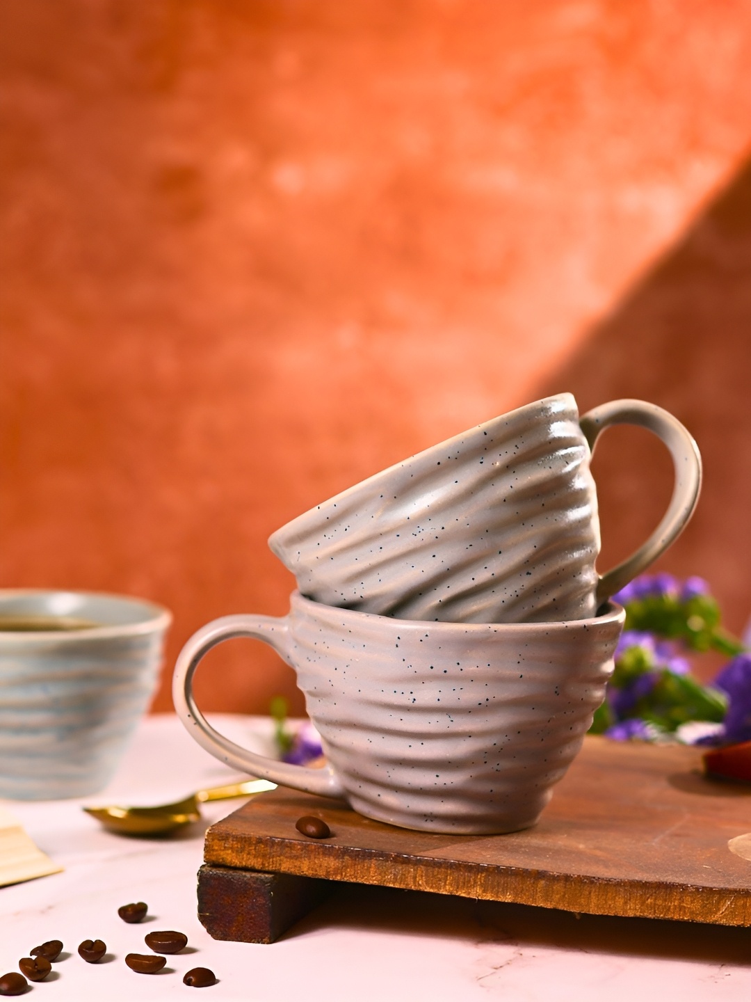 

WEAVING HOMES Grey 2 Pieces Textured Ceramic Glossy Mugs 220ml