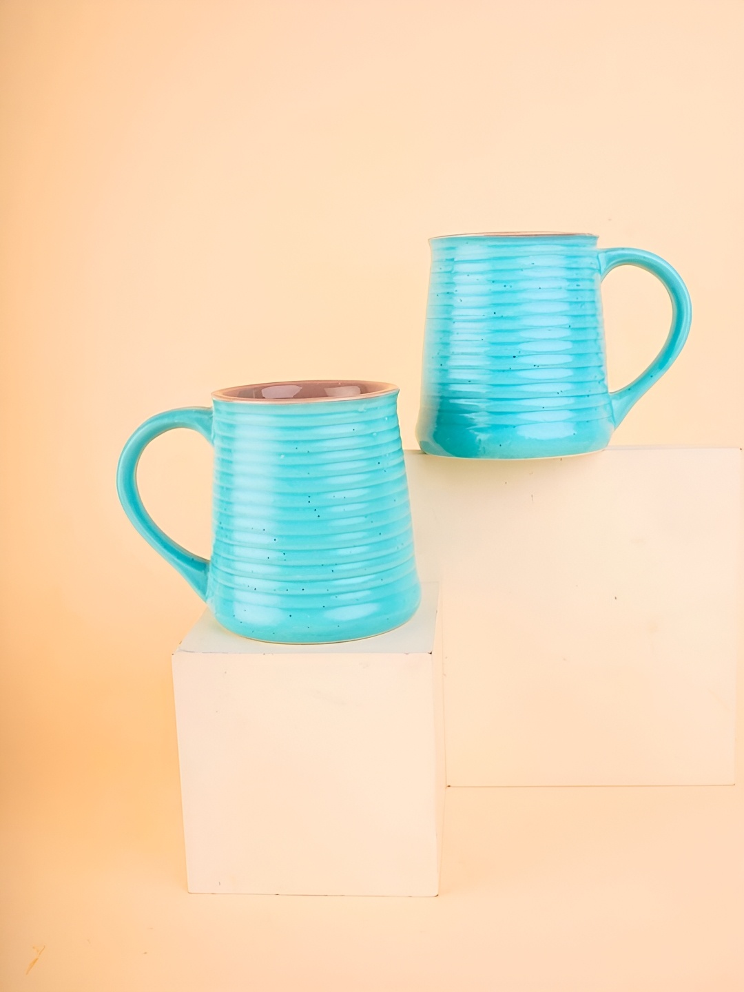 

WEAVING HOMES Blue 2 Pieces Textured Dishwasher Safe Ceramic Glossy Mugs 300 ml
