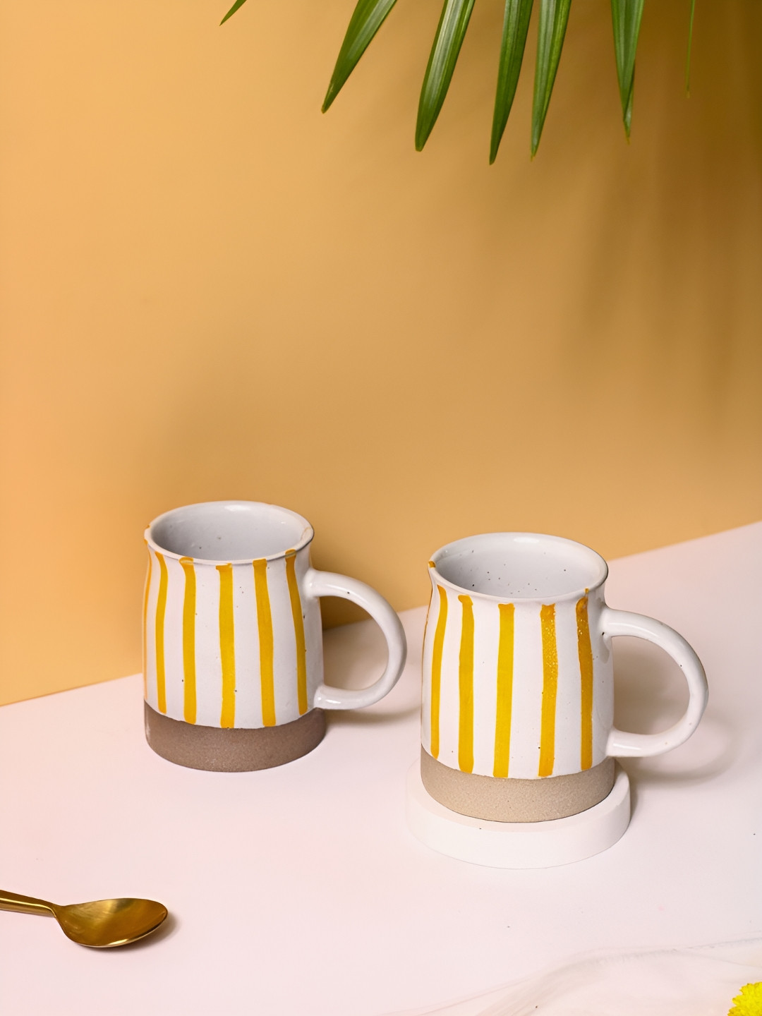 

WEAVING HOMES Yellow & White 2 Pieces Printed Ceramic Glossy Cups