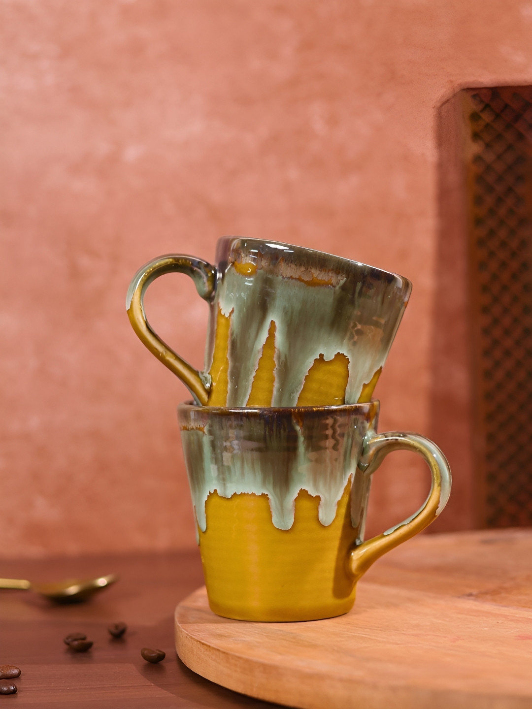 

WEAVING HOMES Mustard 2 Pieces Printed Ceramic Glossy Mugs 250 ml