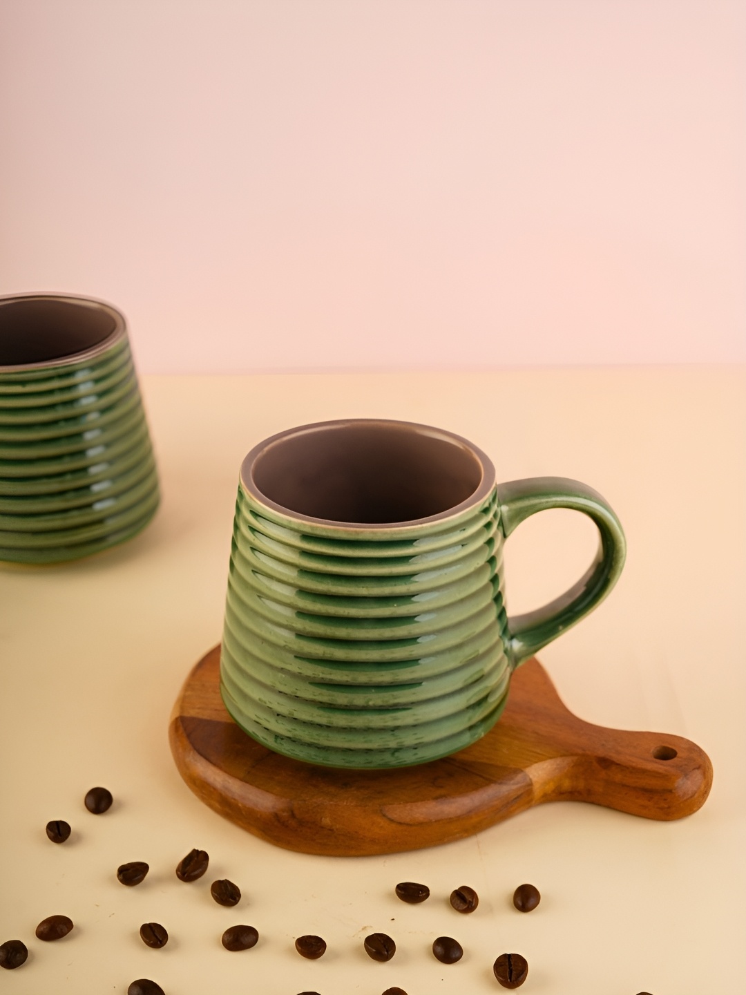 

WEAVING HOMES Green 2 Pieces Textured Ceramic Glossy Mugs 230 ml
