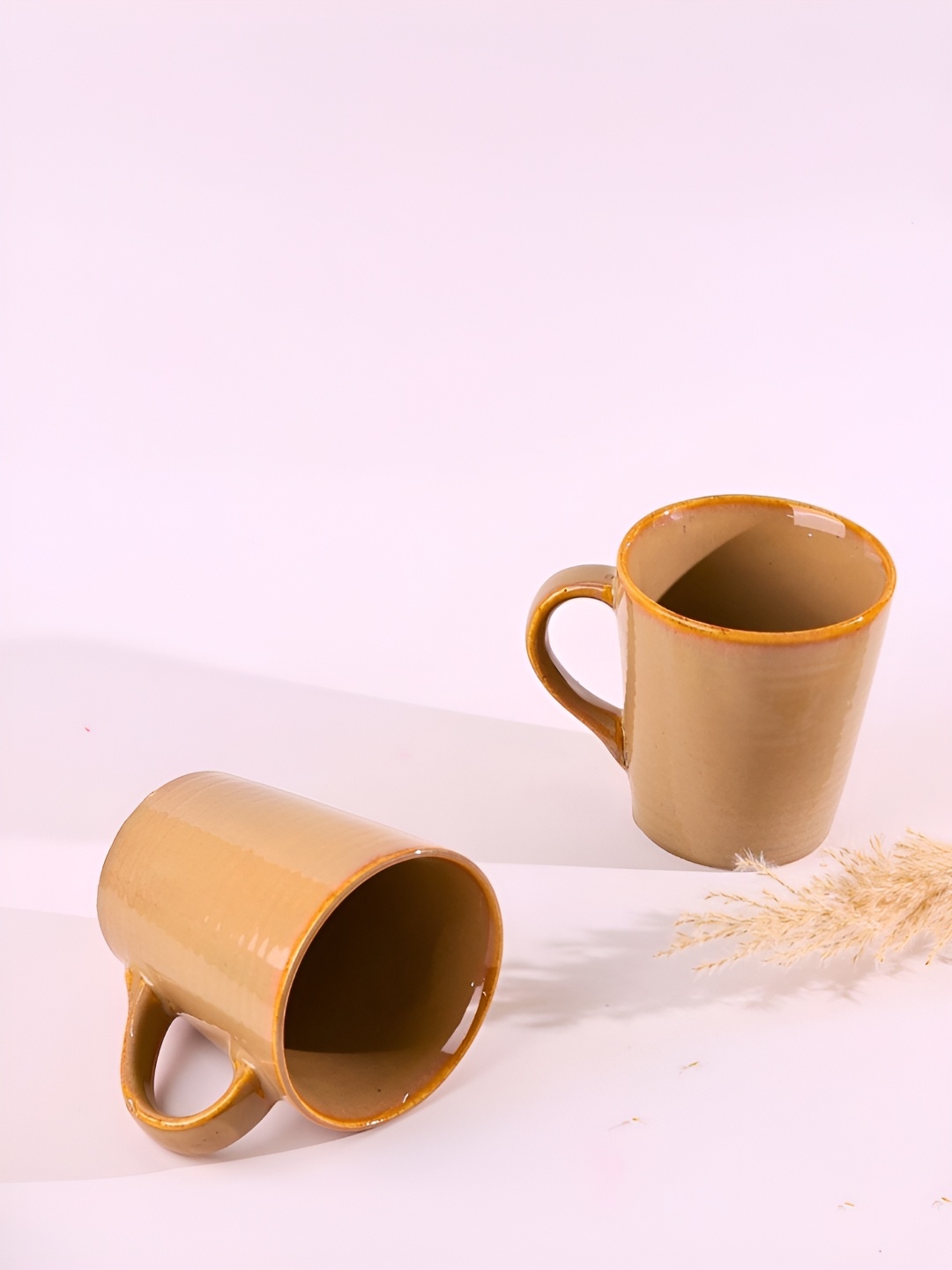

WEAVING HOMES Cream & Yellow 2 Pieces Ceramic Glossy Mugs 310 ml
