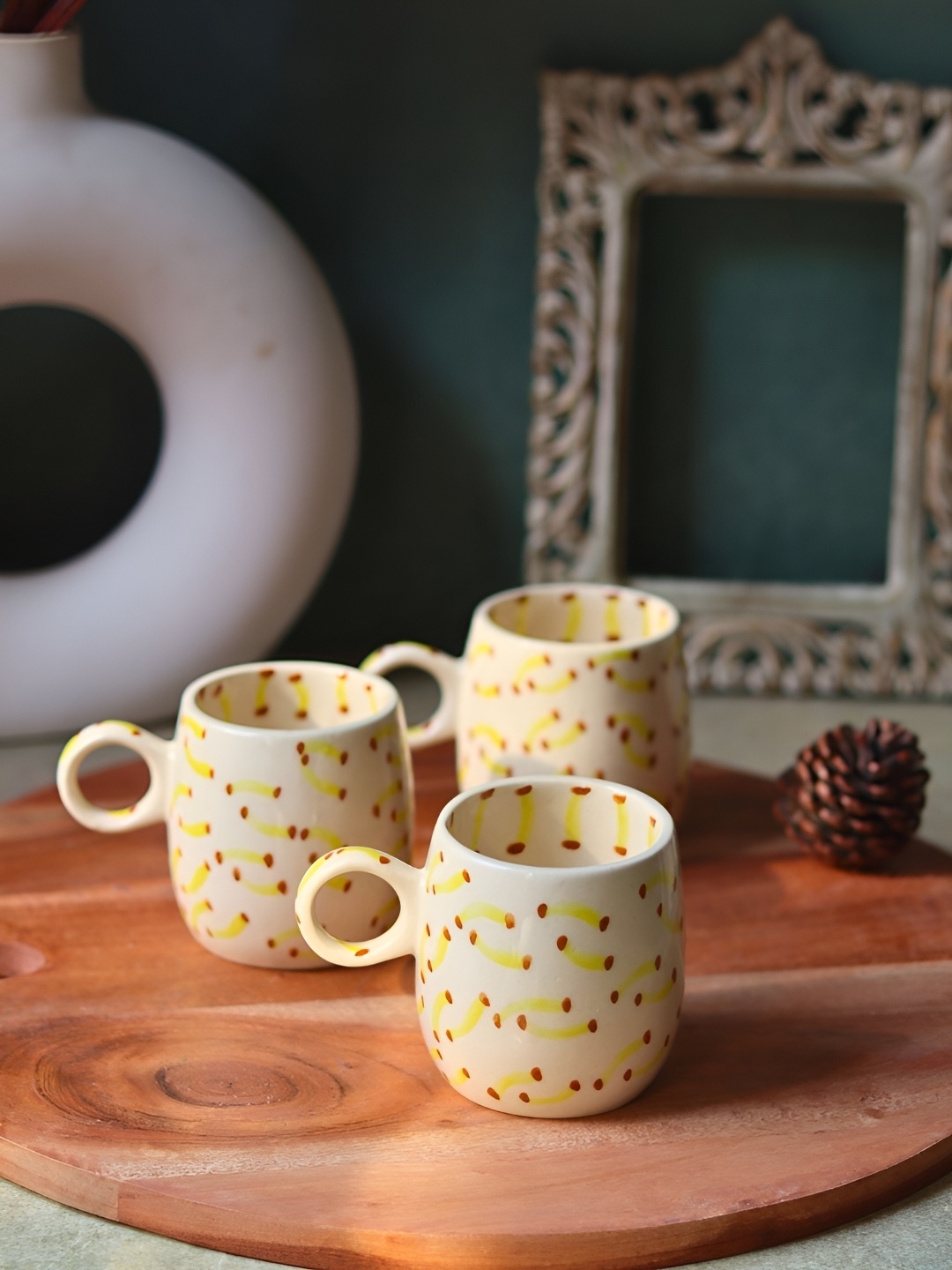 

WEAVING HOMES White & Yellow 2 Pieces Printed Ceramic Glossy Mugs 250 ml Each