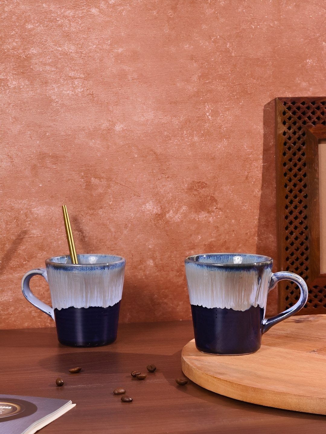 

WEAVING HOMES Blue 2 Pieces Colorblocked Ceramic Glossy Mugs 250 ml Each