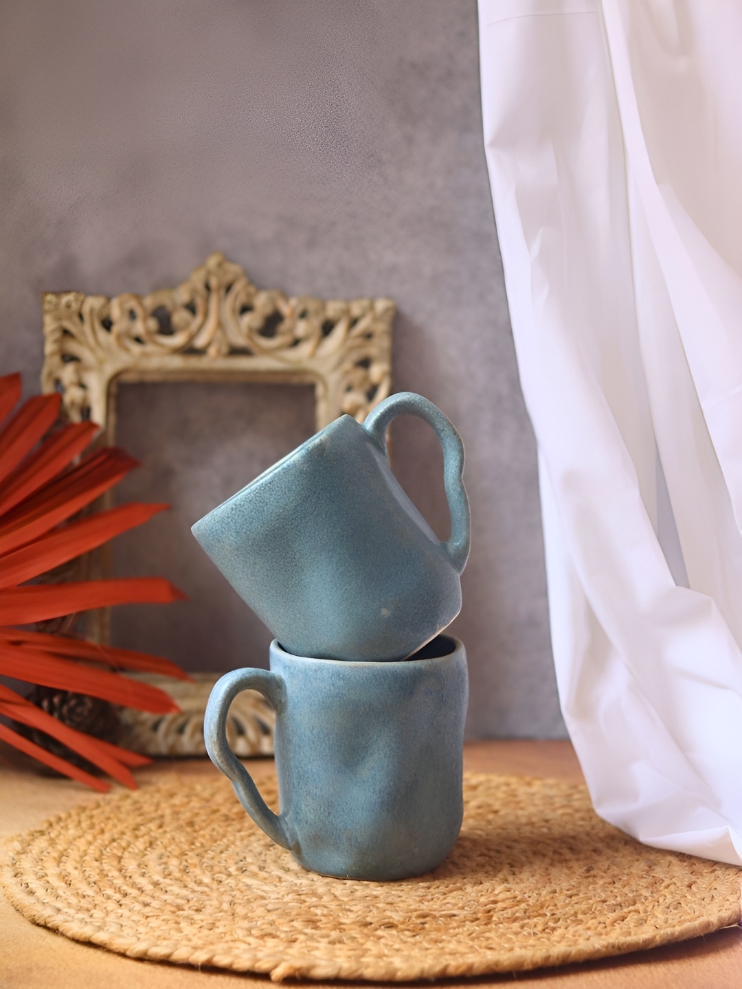 

WEAVING HOMES Blue 2 Pieces Ceramic Glossy Mugs 320ml Each