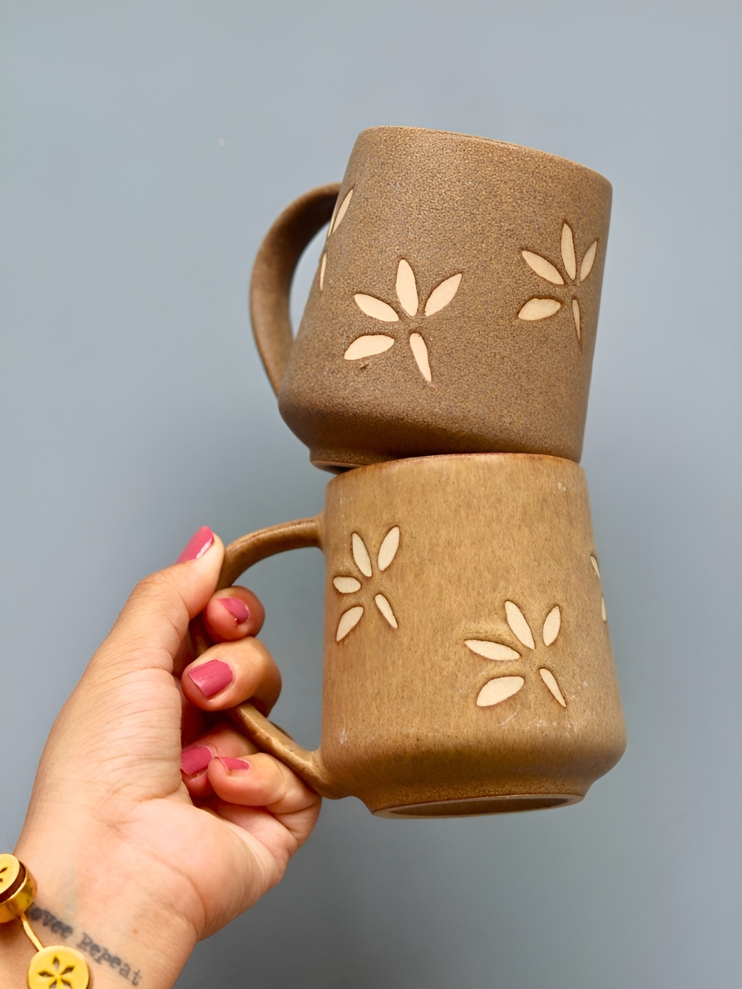 

WEAVING HOMES Brown 2 Pieces Hand Painted Printed Ceramic Glossy Mugs 300 ml