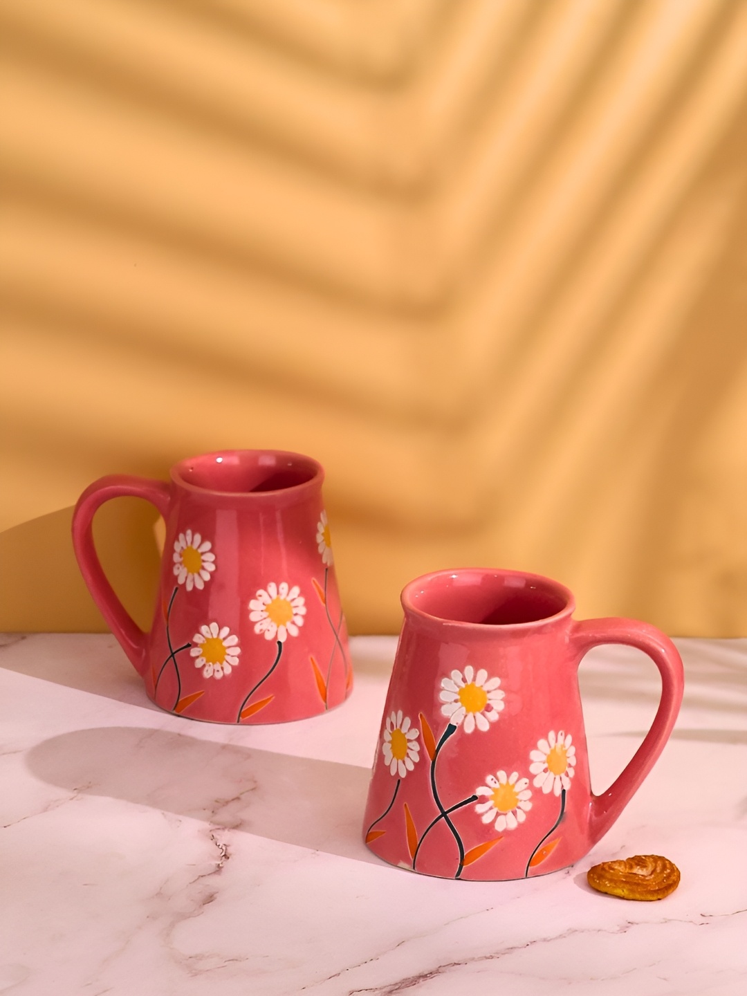 

WEAVING HOMES Pink & White 2 Pieces Hand Painted Printed Ceramic Glossy Mugs 250 ml