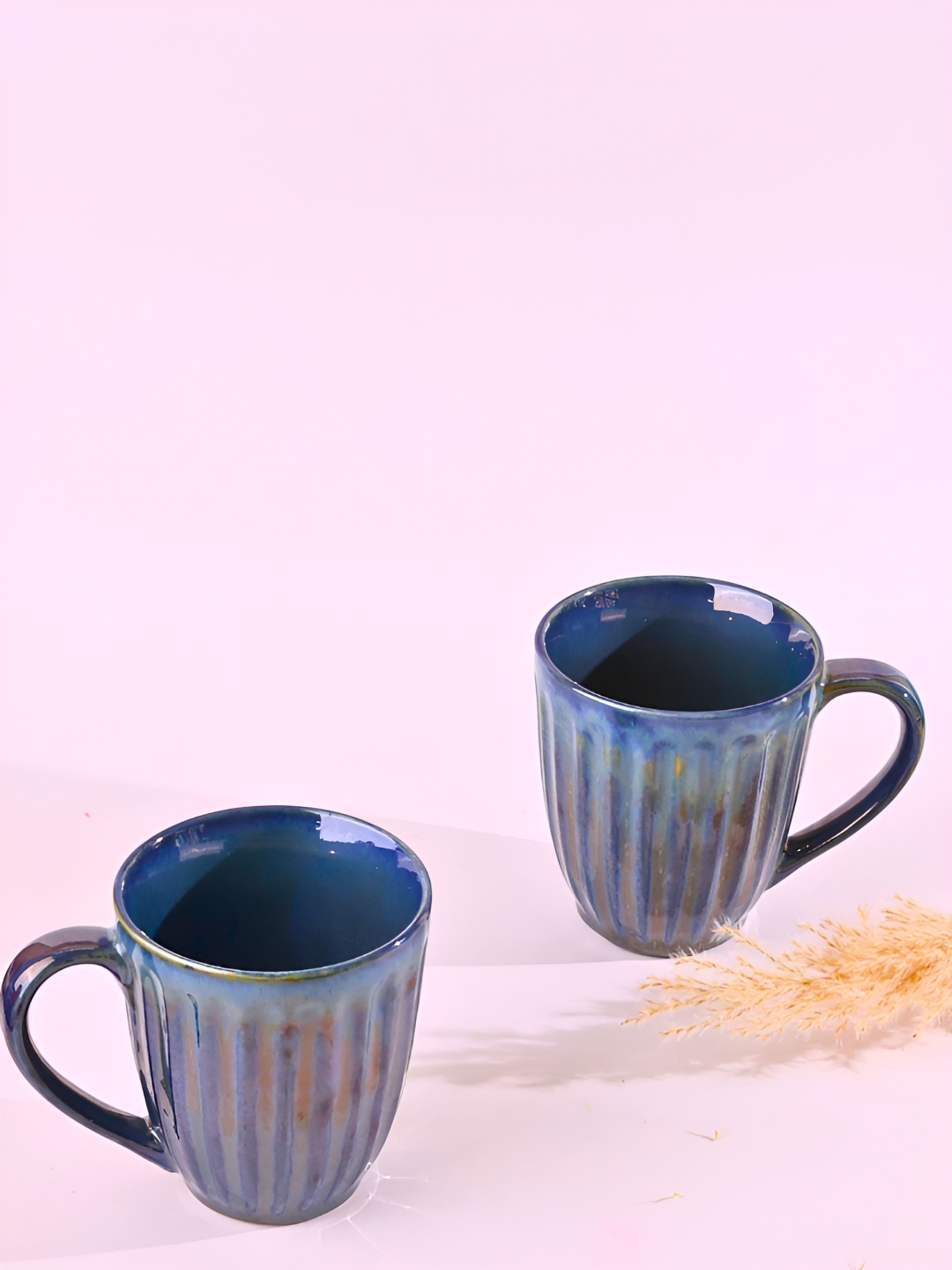

WEAVING HOMES Blue & Mustard 2 Pieces Ceramic Glossy Mugs 230 ml