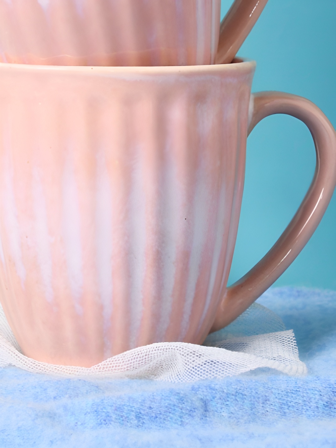 

WEAVING HOMES Pink & White Textured Ceramic Glossy Cups Set of Cups and Mugs