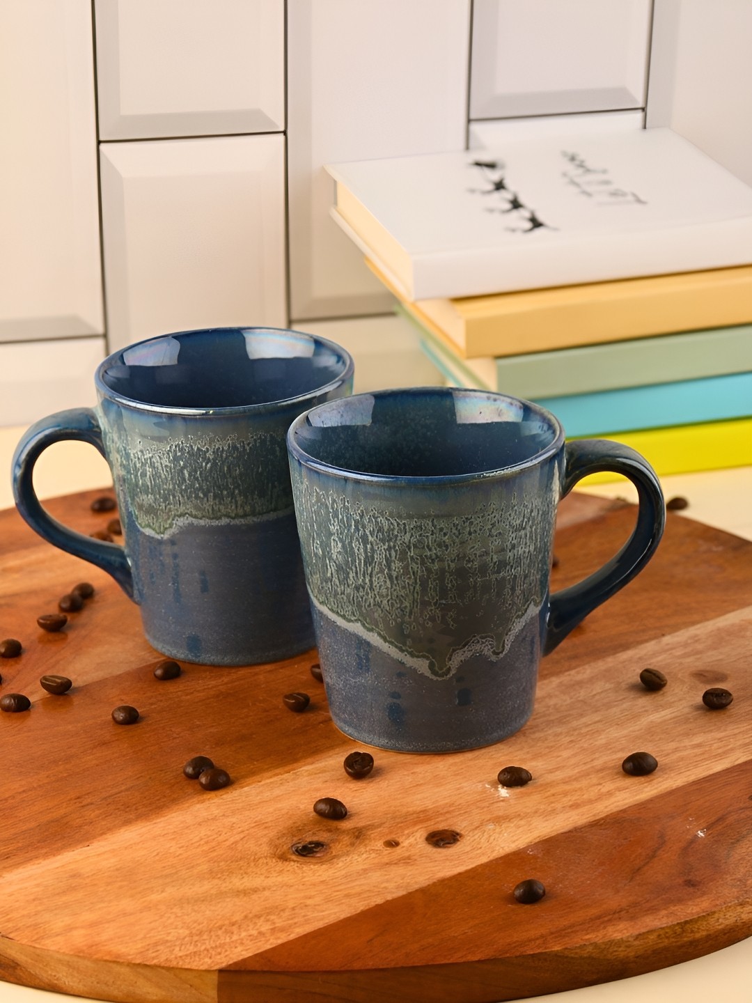 

WEAVING HOMES Blue & Olive Green 2 Pieces Printed Ceramic Glossy Mugs 230 ml