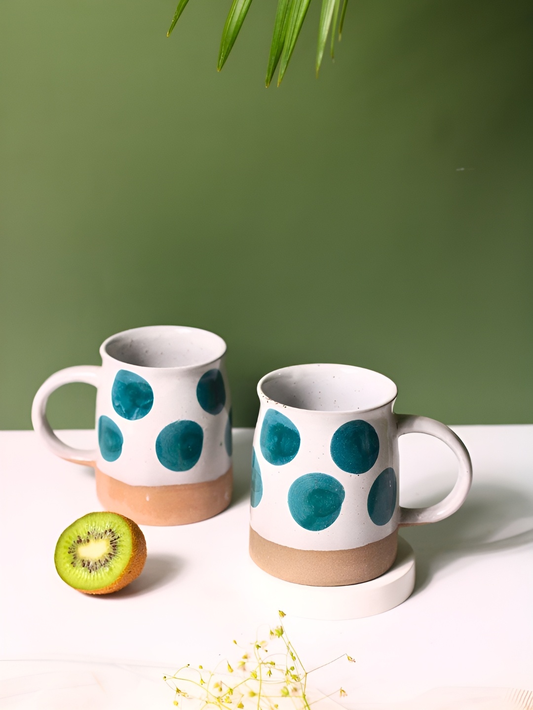 

WEAVING HOMES White & Green 2 Pieces Printed Ceramic Glossy Finished Mugs 250 ml Each