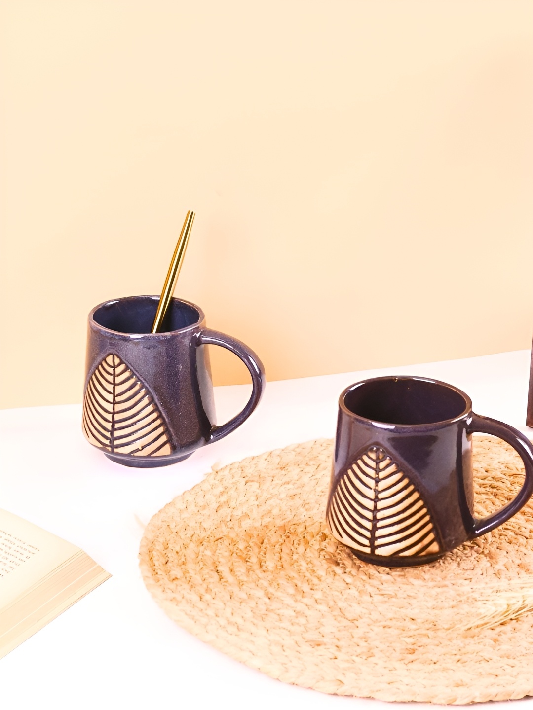 

WEAVING HOMES Purple & Gold Toned 2 Pieces Textured Microwave Safe Matte Mugs 250 ml Each