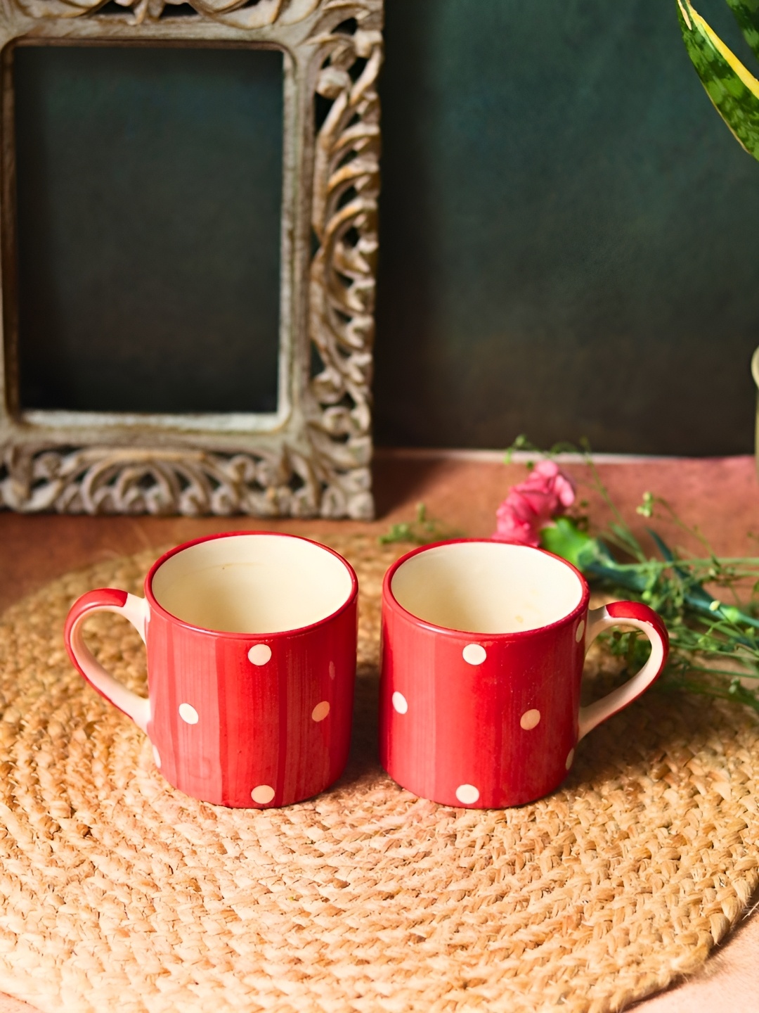 

WEAVING HOMES Red & White 2 Pcs Printed Microwave Safe Glossy Ceramic Mugs 250 ml Each