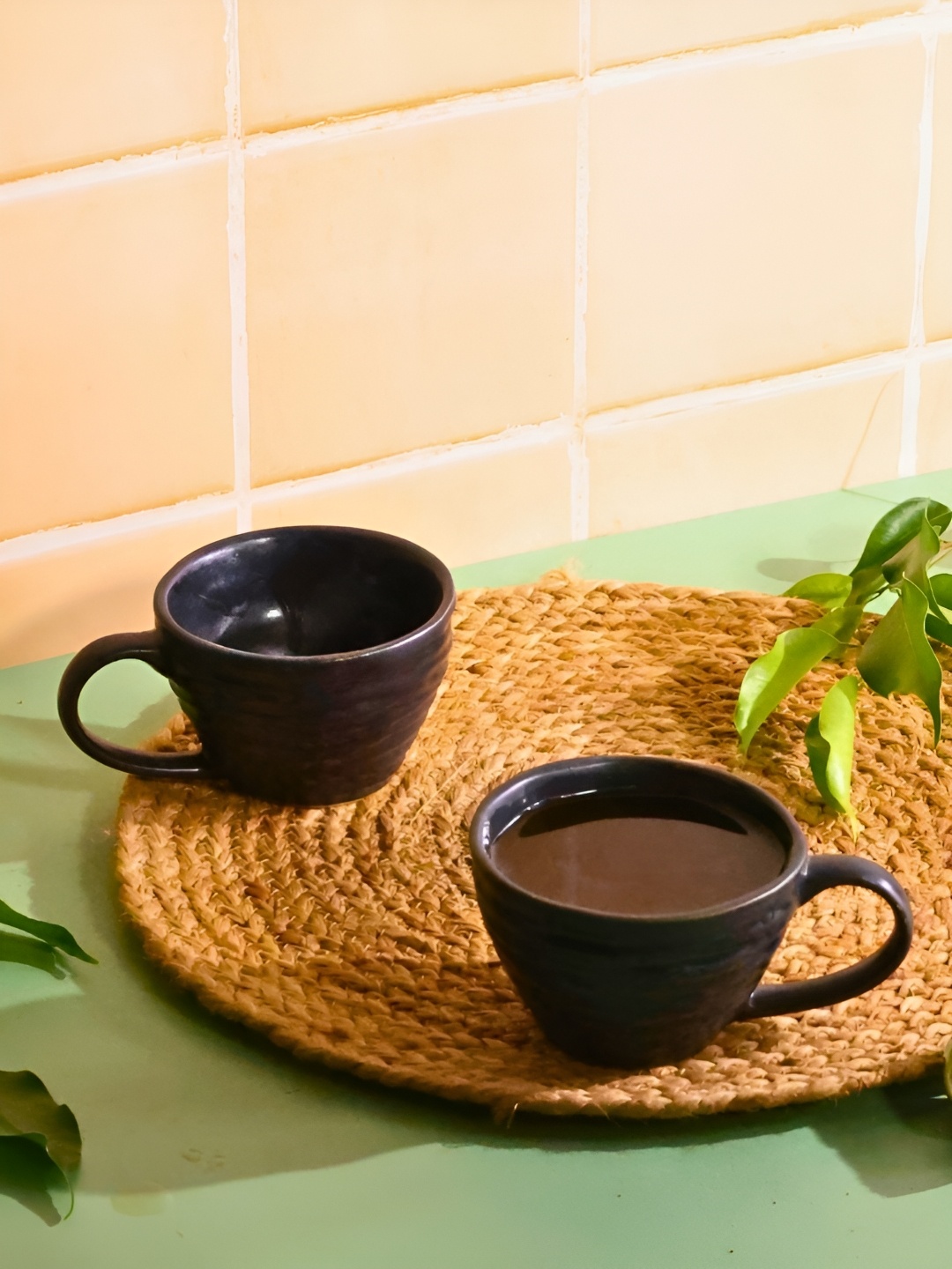 

WEAVING HOMES Black 2 Pieces Textured Microwave Safe Matte Ceramic Cups 180 ml
