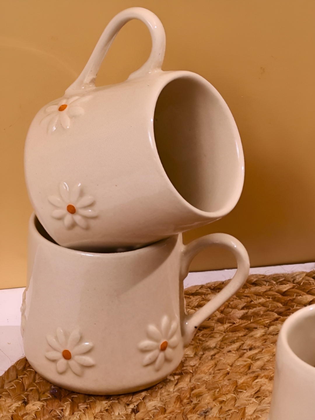 

WEAVING HOMES Beige & Red 2 Pcs Textured Microwave Safe Matte Ceramic Mugs 200 ml Each