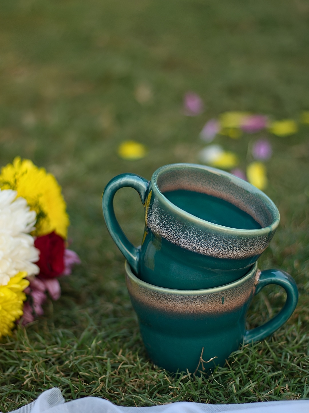 

WEAVING HOMES Teal Green 2 Pcs Printed Microwave Safe Glossy Ceramic Cups 250 ml Each