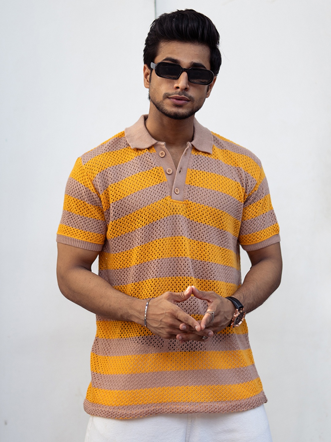 

Powerlook Men Striped Polo Collar Cotton T-Shirt, Mustard