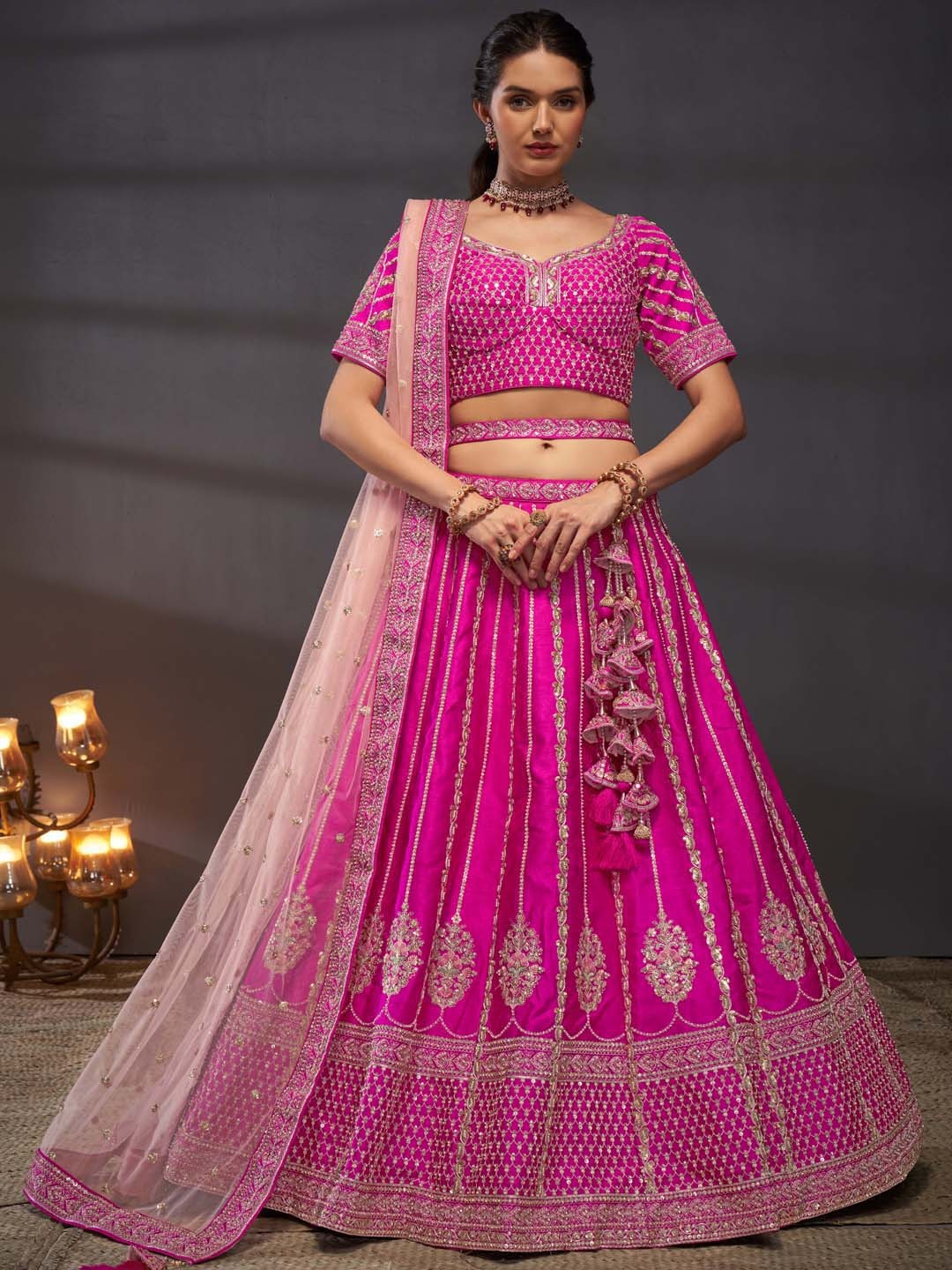 

panchhi Embroidered Sequinned Silk Semi-Stitched Lehenga & Unstitched Blouse With Dupatta, Pink