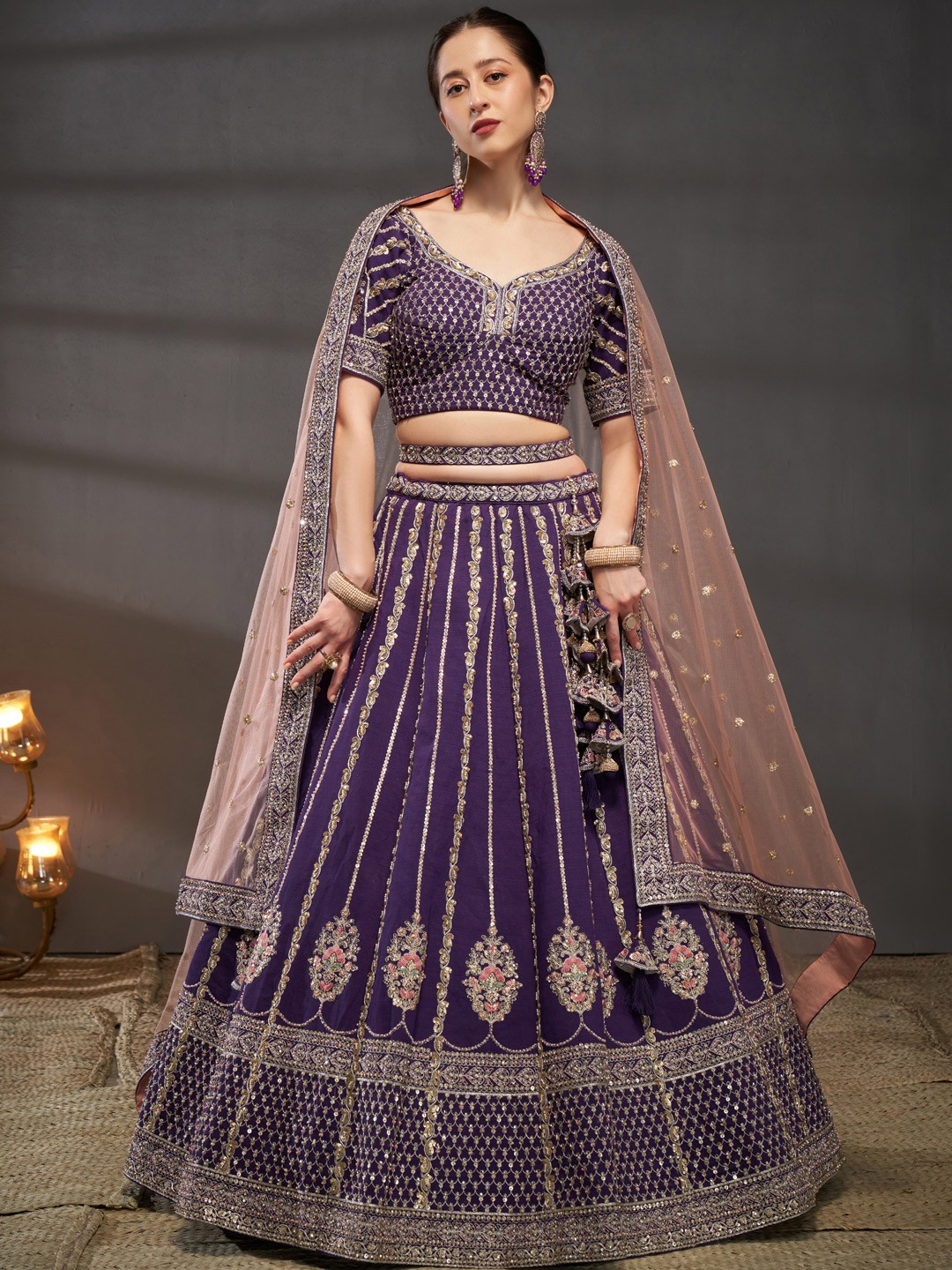 

panchhi Embroidered Sequinned Silk Semi-Stitched Lehenga & Unstitched Blouse With Dupatta, Purple