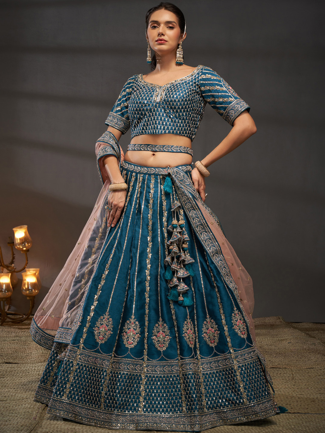 

panchhi Embroidered Sequinned Silk Semi-Stitched Lehenga & Unstitched Blouse With Dupatta, Teal