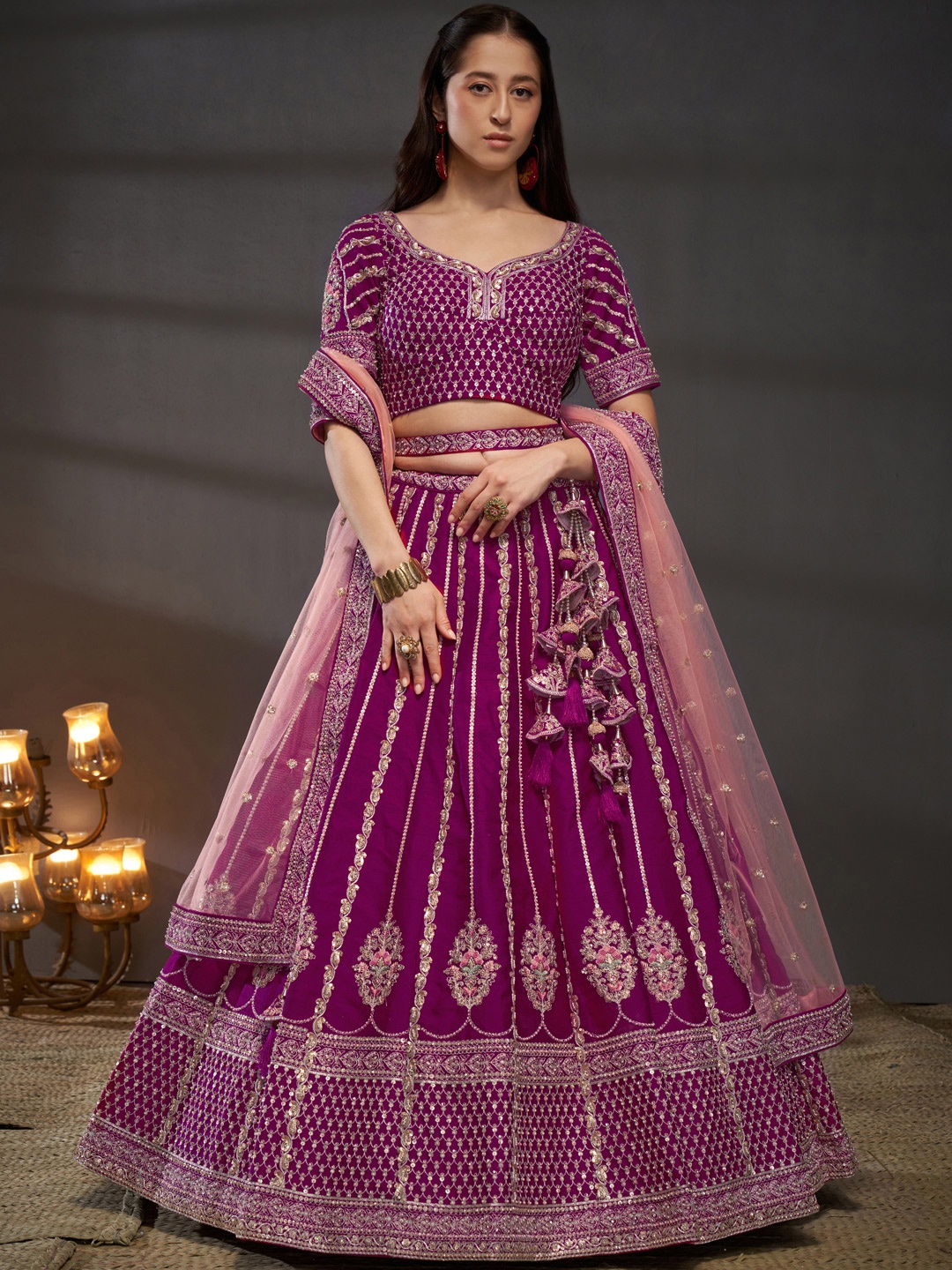 

panchhi Embroidered Sequinned Silk Semi-Stitched Lehenga & Unstitched Blouse With Dupatta, Burgundy