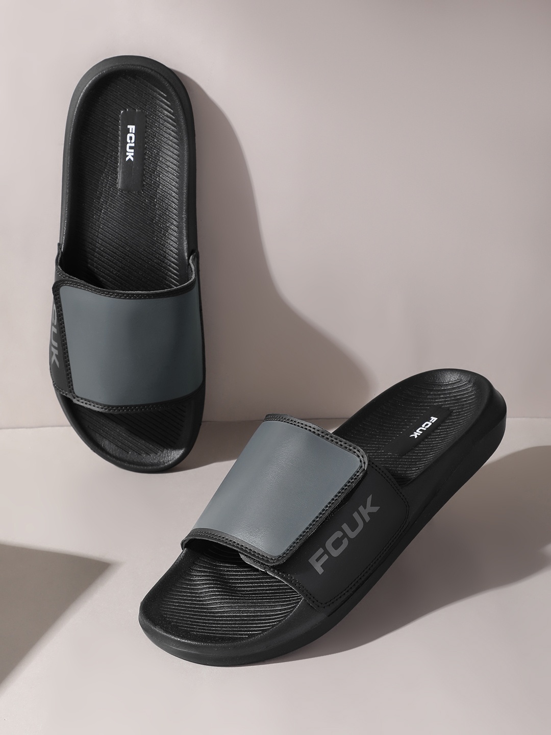 

FCUK Men Sliders with Brand Logo Detail, Grey