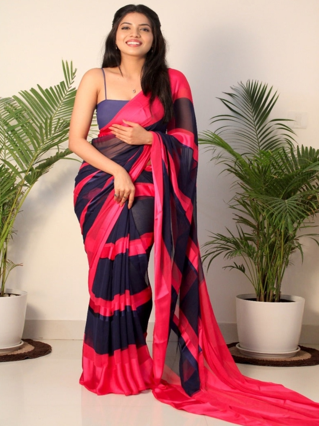 

SANJANA SILK Striped Pure Georgette Bagh Saree, Pink