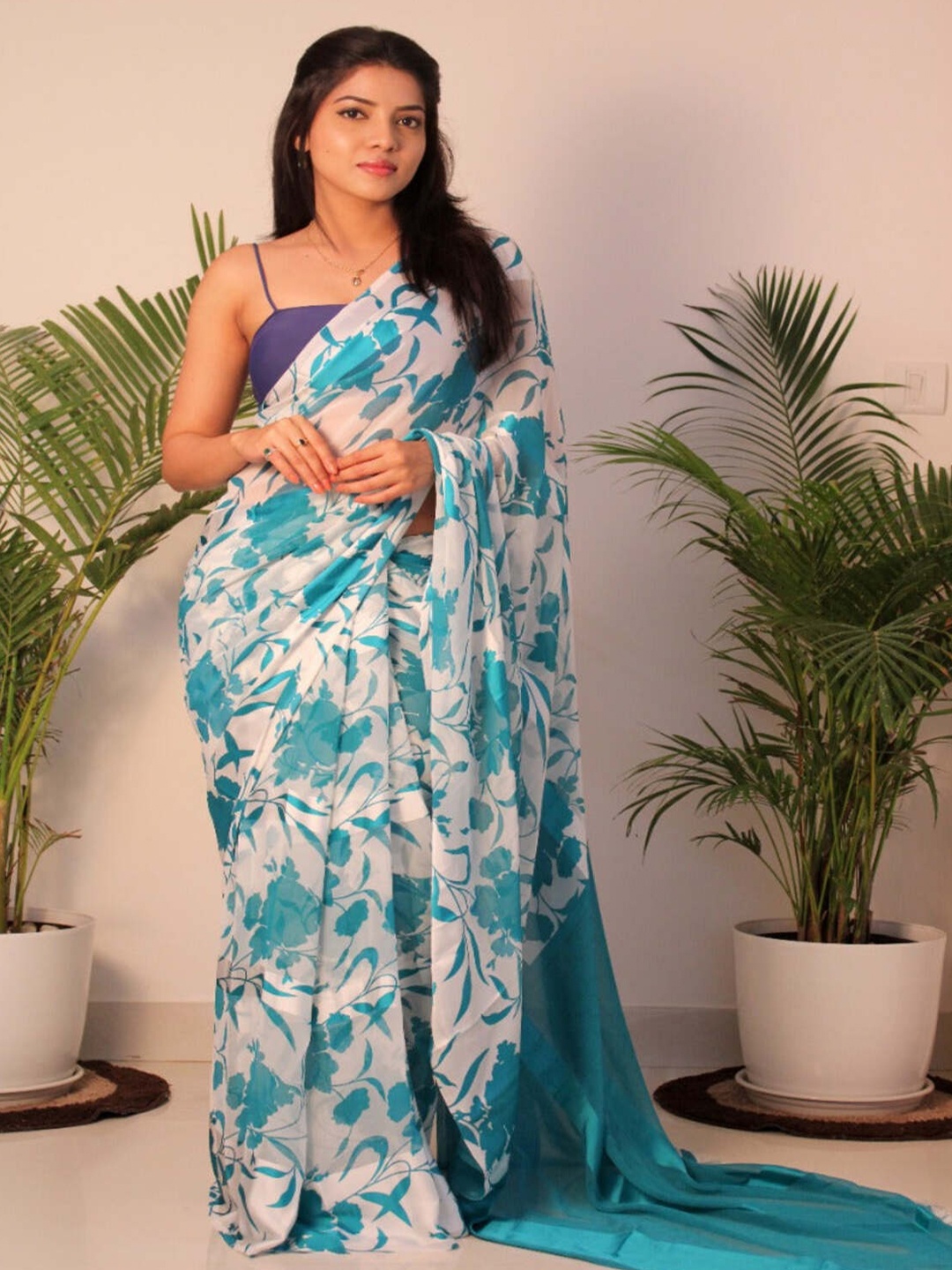 

SANJANA SILK Floral Printed Pure Georgette Bagh Saree, Teal