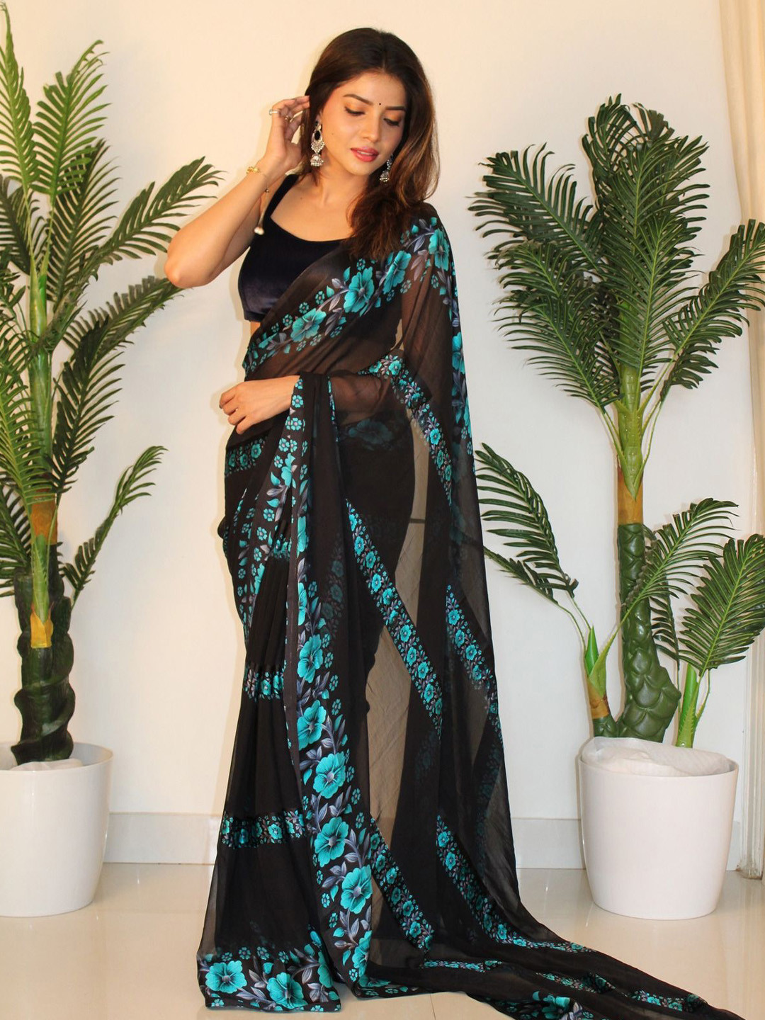

SANJANA SILK Ethnic Motifs Printed Pure Georgette Saree, Blue