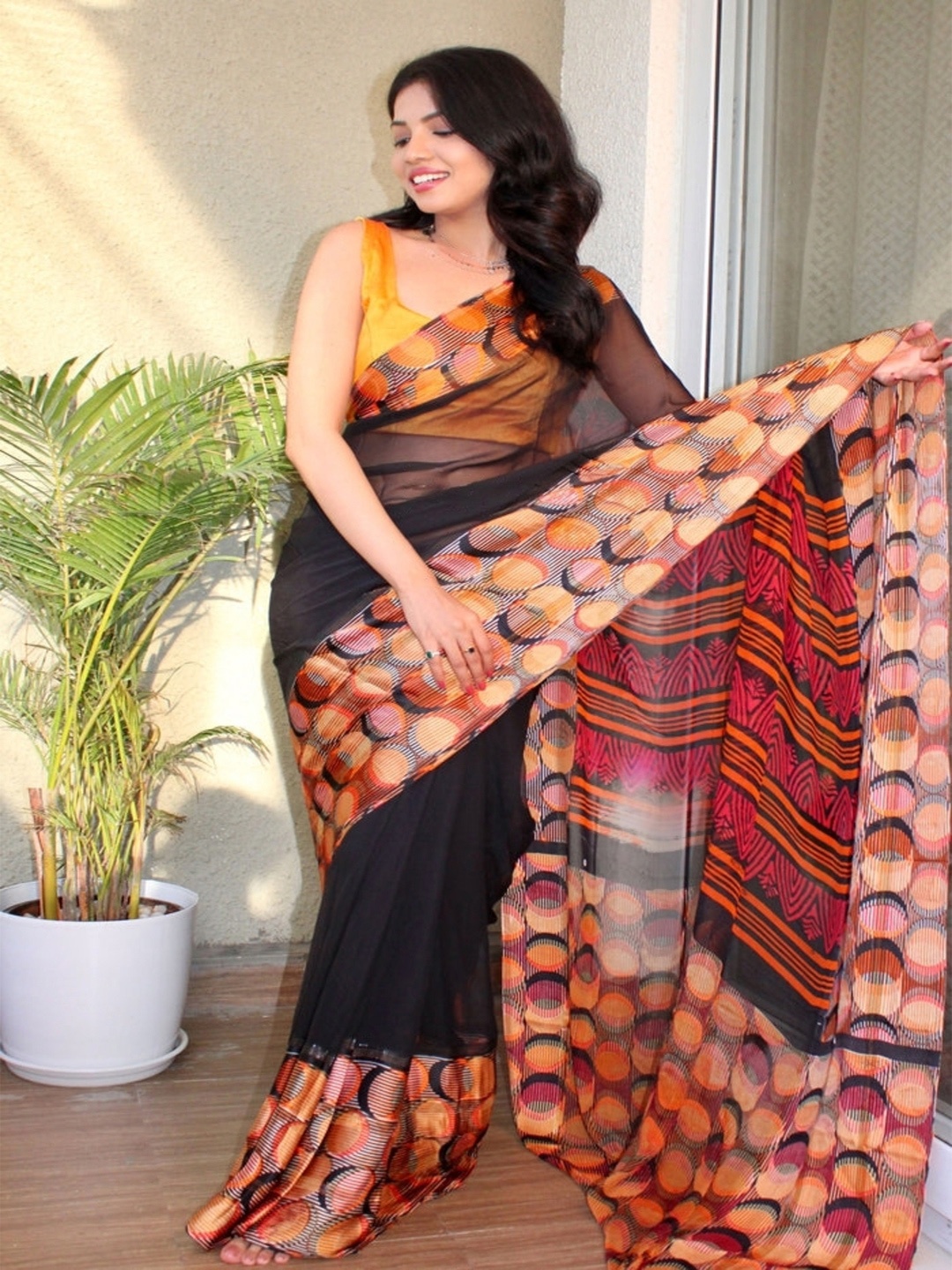 

SANJANA SILK Printed Pure Georgette Bagh Saree, Black