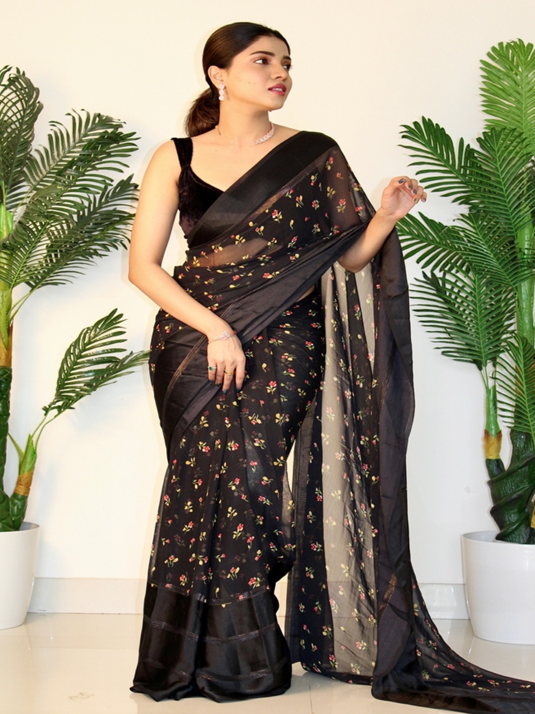 

SANJANA SILK Ethnic Motifs Printed Pure Georgette Bagh Saree, Black