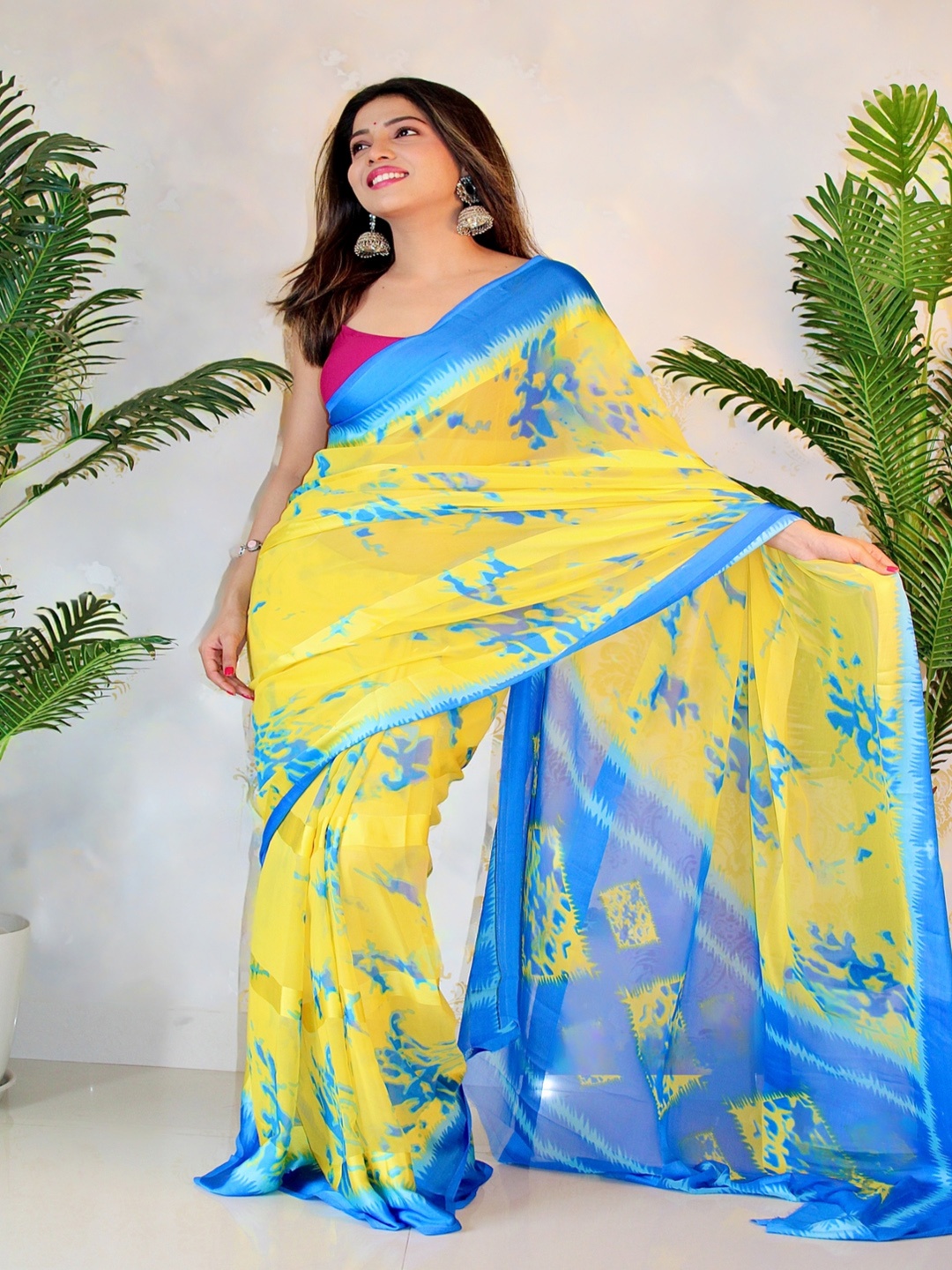 

SANJANA SILK Abstract Printed Pure Georgette Bagh Saree, Yellow