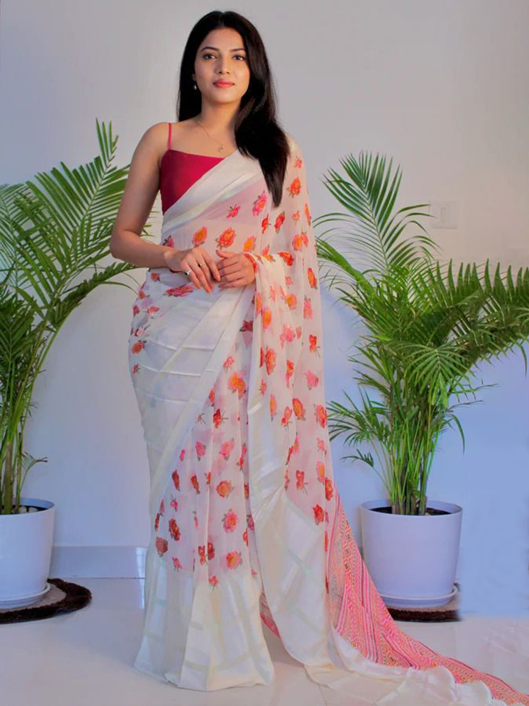 

SANJANA SILK Floral Printed Pure Georgette Saree, Cream