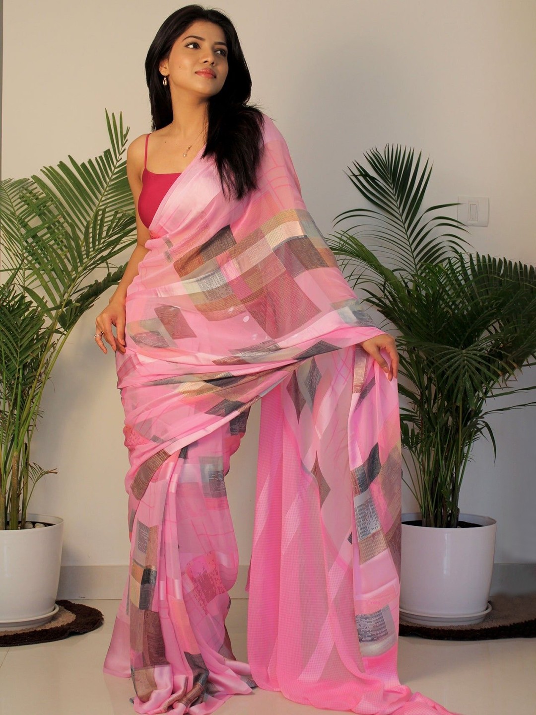 

SANJANA SILK Geometric Printed Pure Georgette Bagh Saree, Pink
