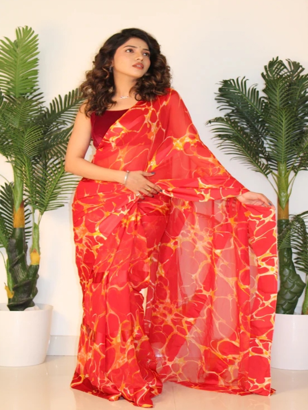 

SANJANA SILK Abstract Printed Pure Georgette Bagh Saree, Red