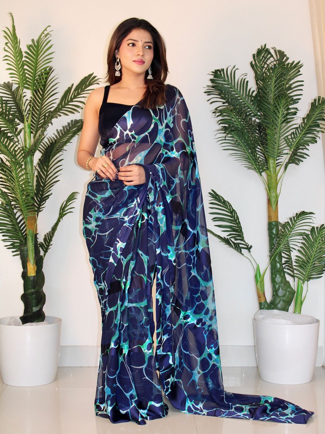 

SANJANA SILK Floral Printed Pure Georgette Saree, Teal
