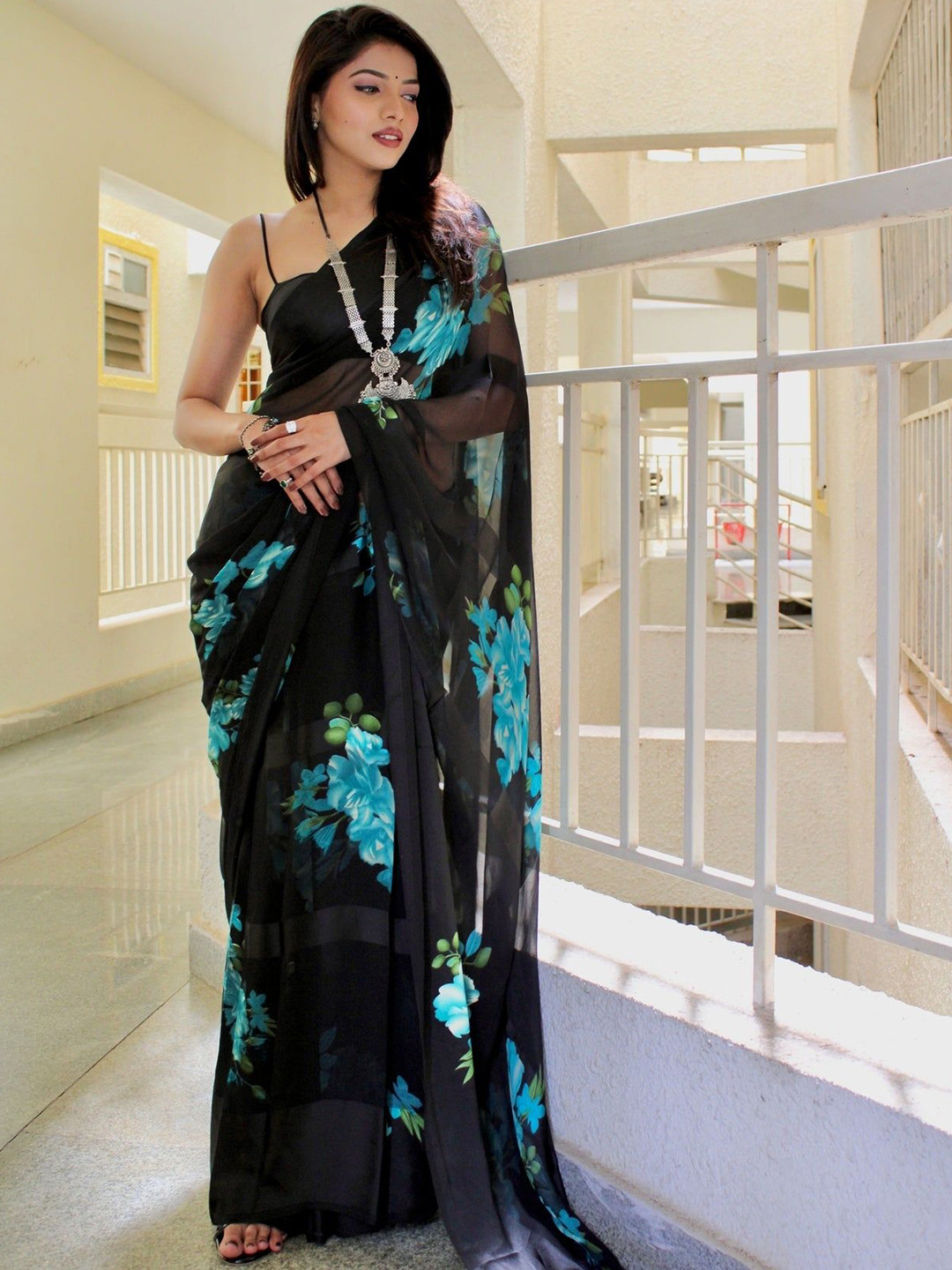 

SANJANA SILK Floral Printed Pure Georgette Saree, Teal