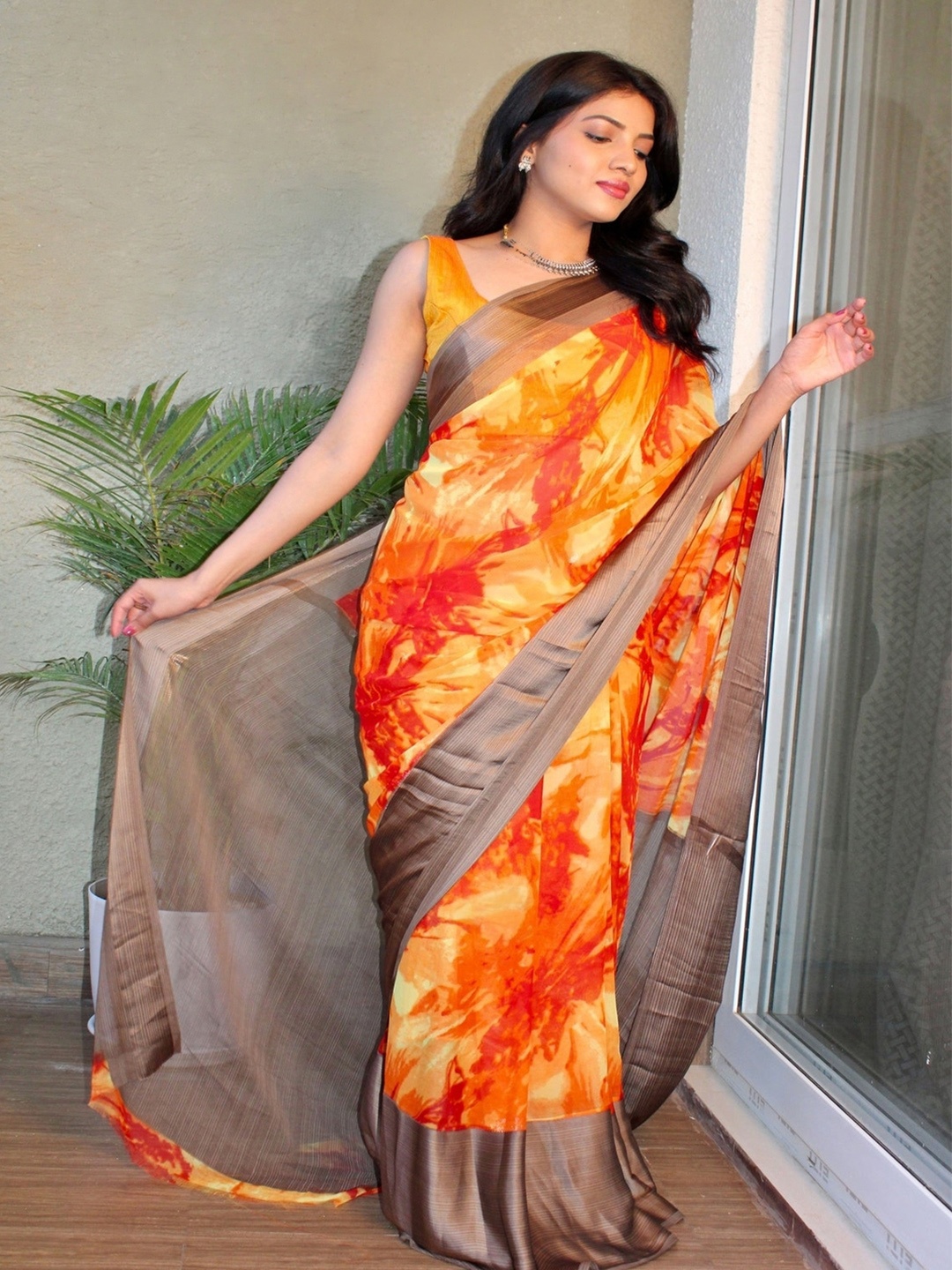 

SANJANA SILK Abstract Printed Pure Georgette Saree, Orange