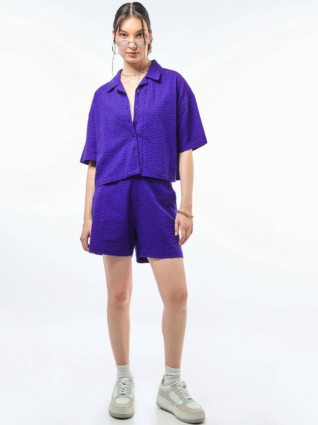 

Bewakoof Blue Pure Cotton Oversized Shirt With Shorts