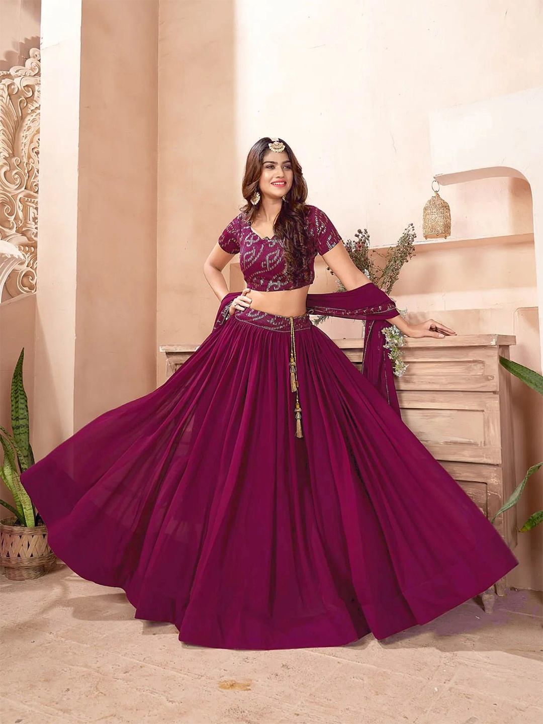 

KALINI Embroidered Sequinned Semi Stitched Lehenga & Unstitched Blouse With Dupatta, Purple