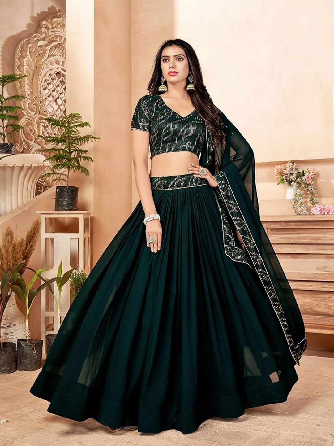 

KALINI Embroidered V-Neck Semi Stitched Lehenga & Unstitched Blouse With Dupatta, Green